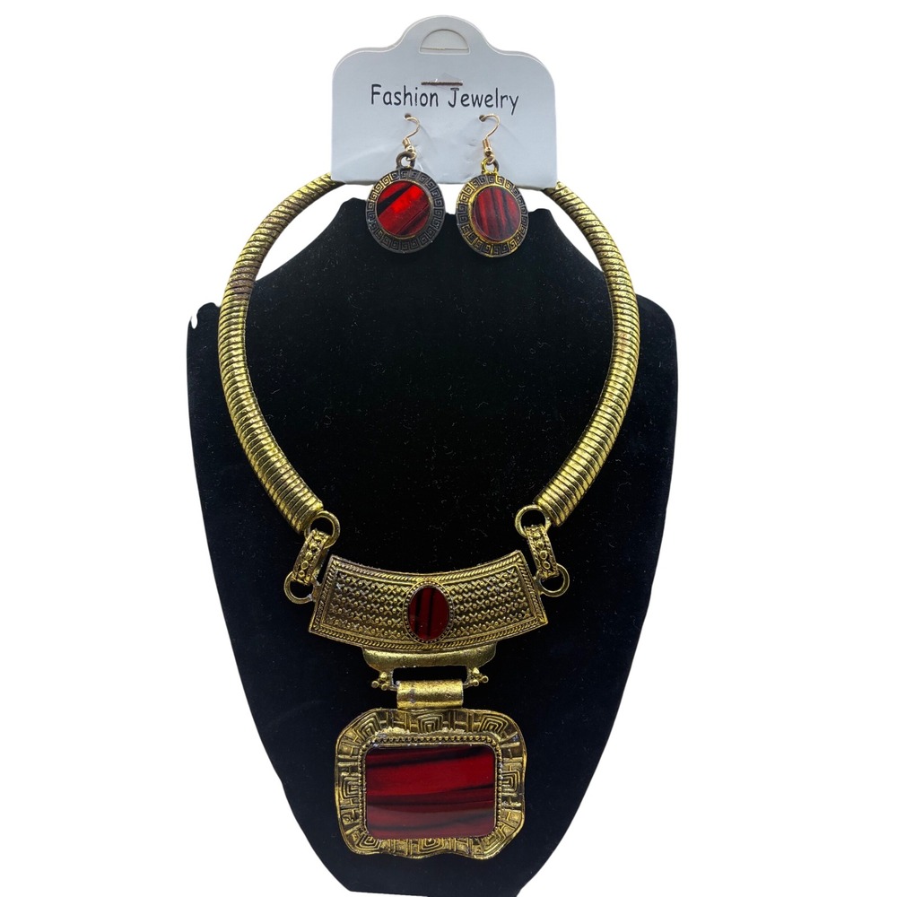 Antique Gold Tone Red Stone Statement Necklace and Earrings Jewelry Set Boho